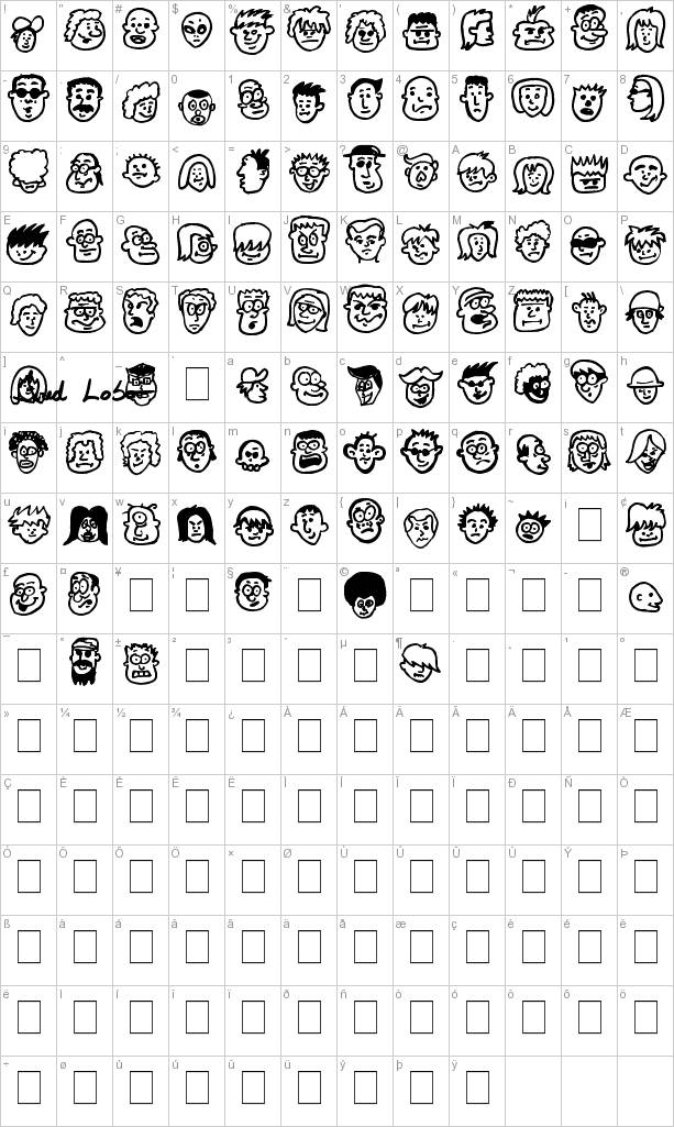 Here's a partial character map for People freak font.