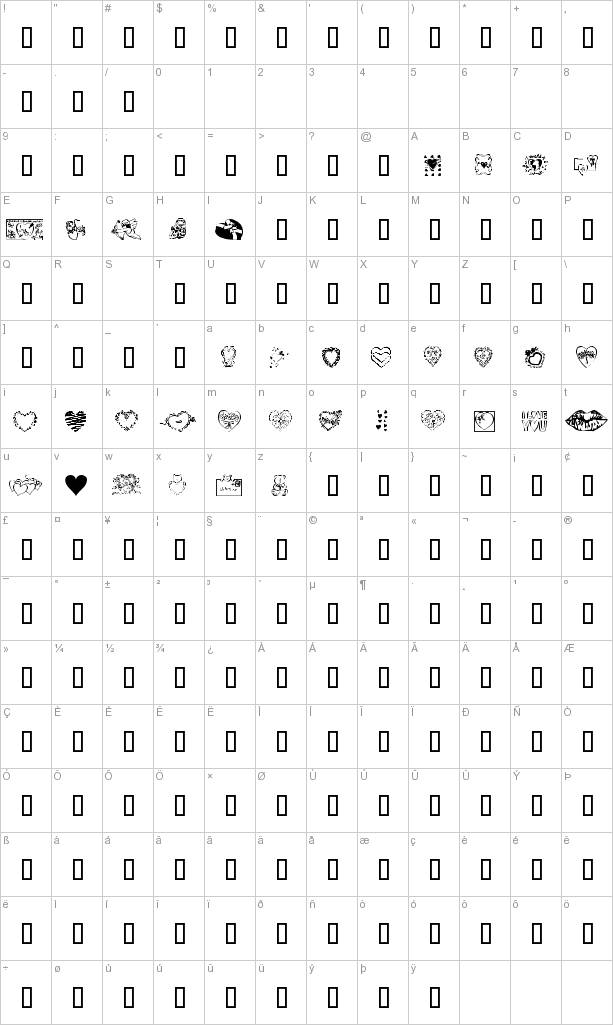 Here's a partial character map for Valentine font.