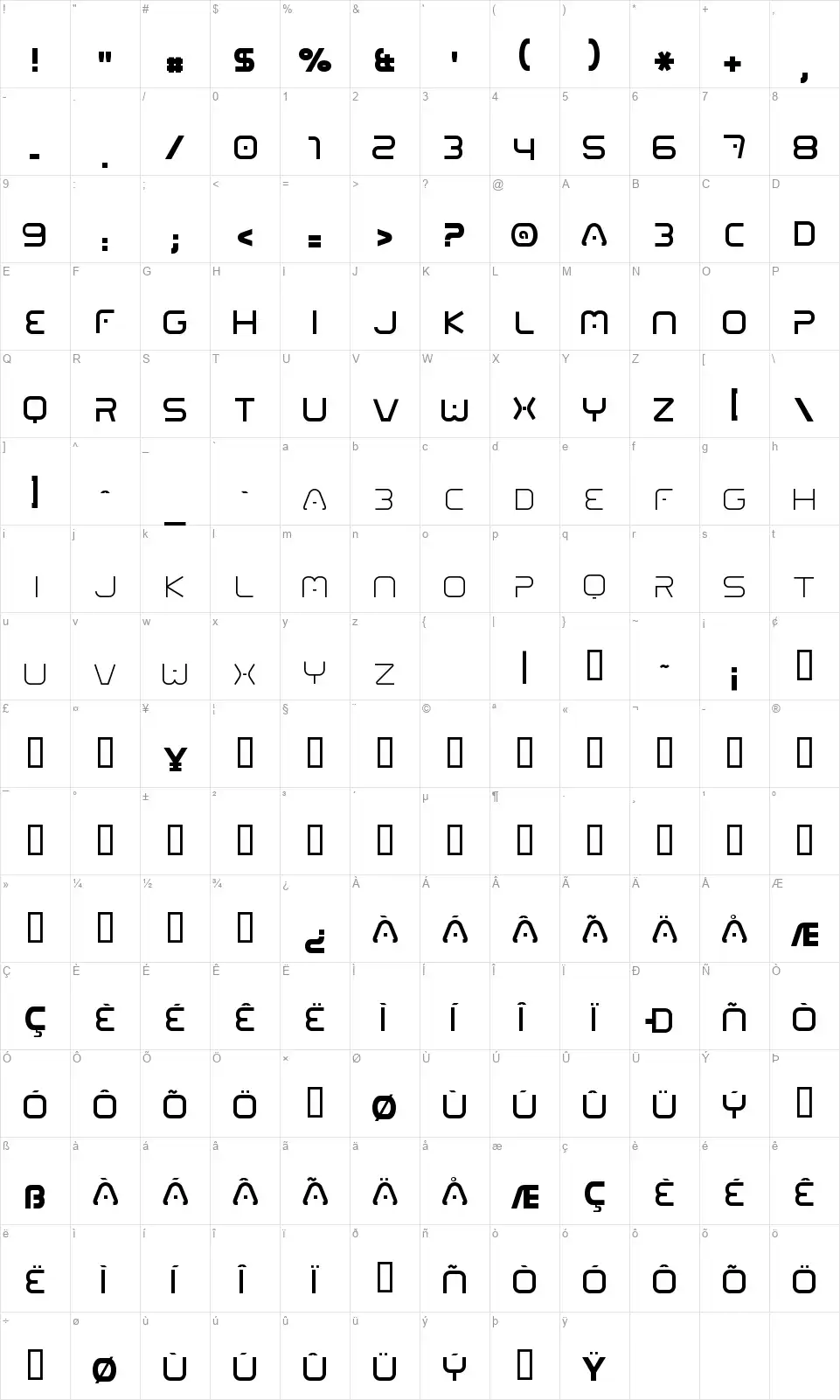 01 Digitallfont character map
