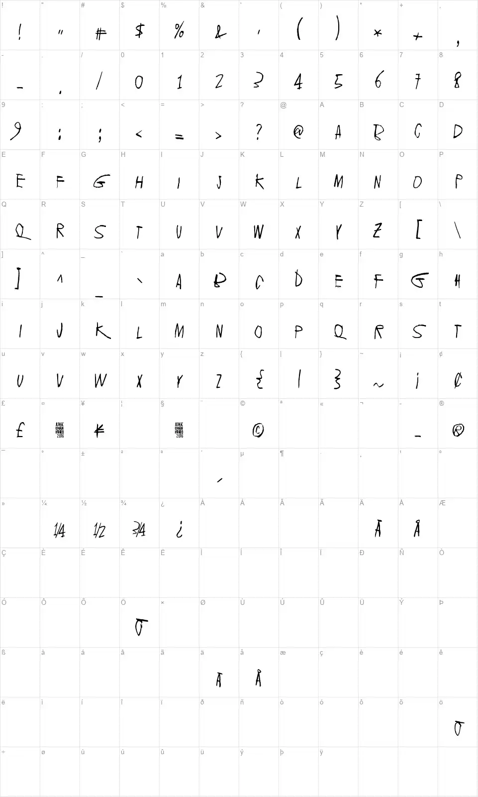 2016 Bugsfont character map