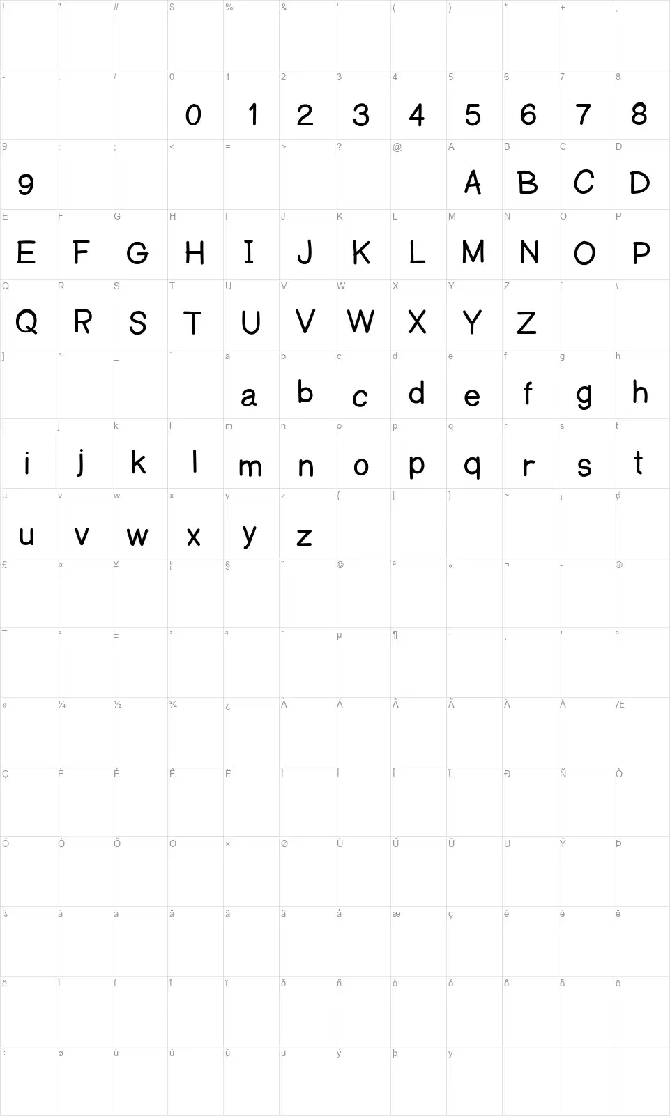 A Mano Reguloldfont character map