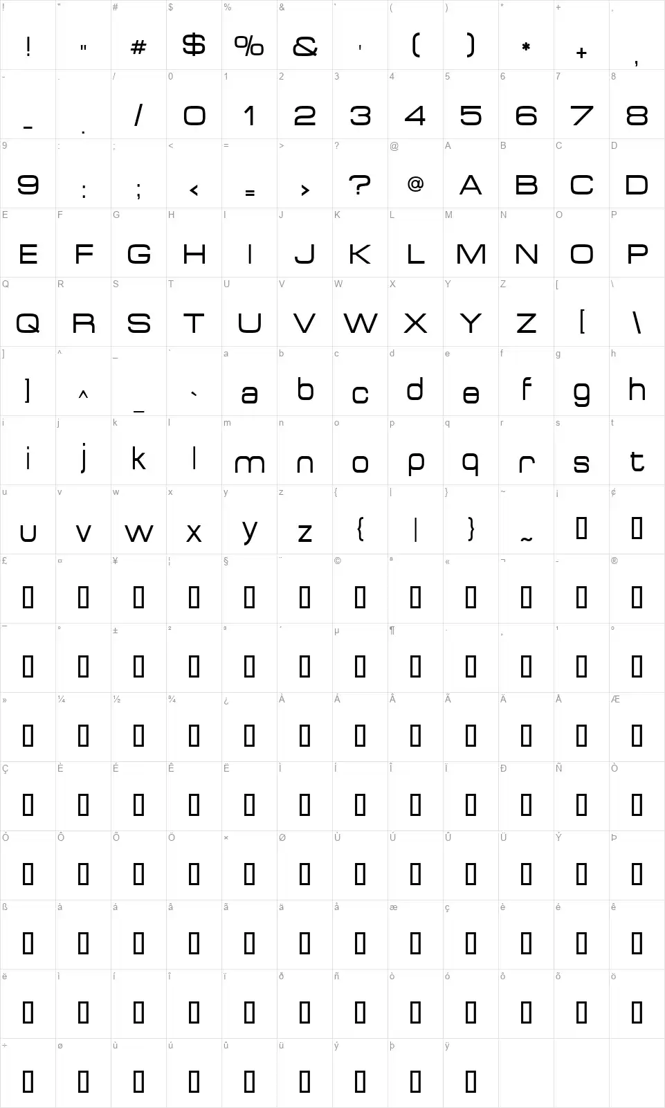 Acensfont character map