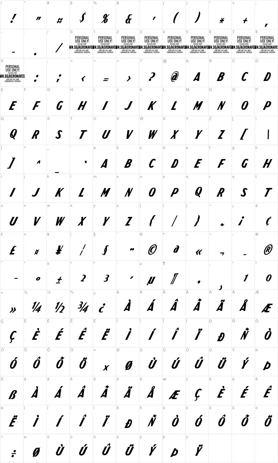 Aeronavesfont character map