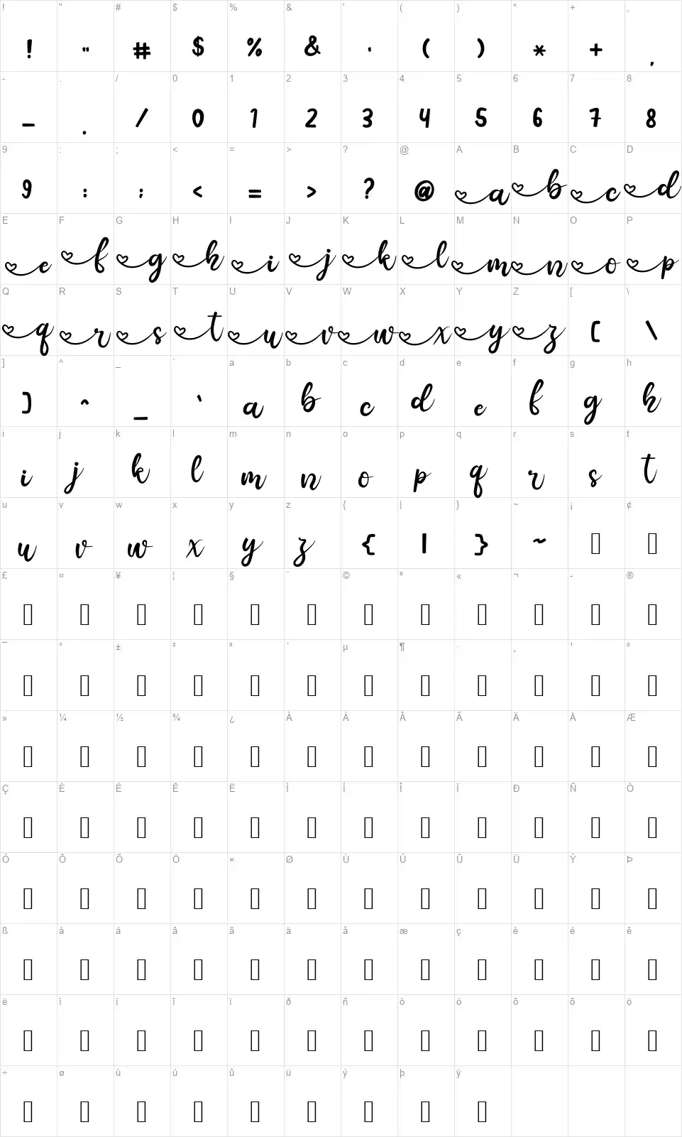 Afiliafont character map