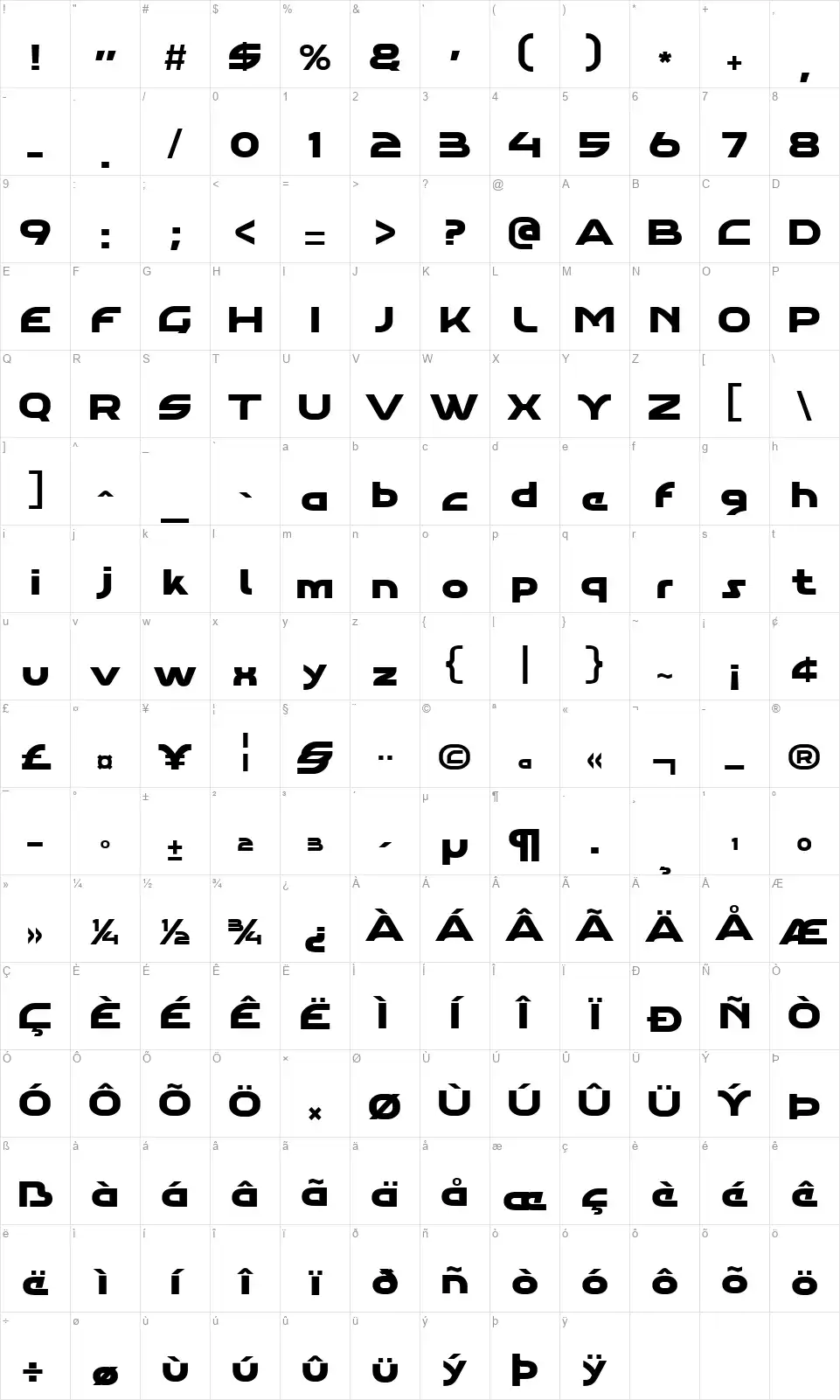 Aghara Profont character map