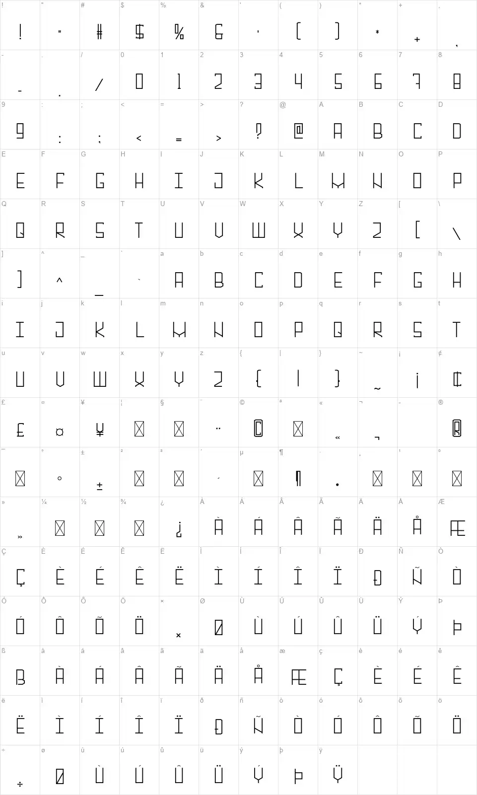 Alambrefont character map