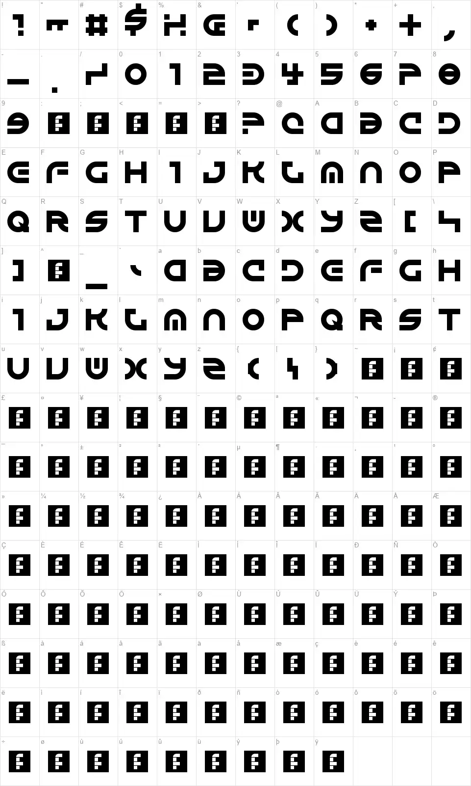 Alienatedfont character map