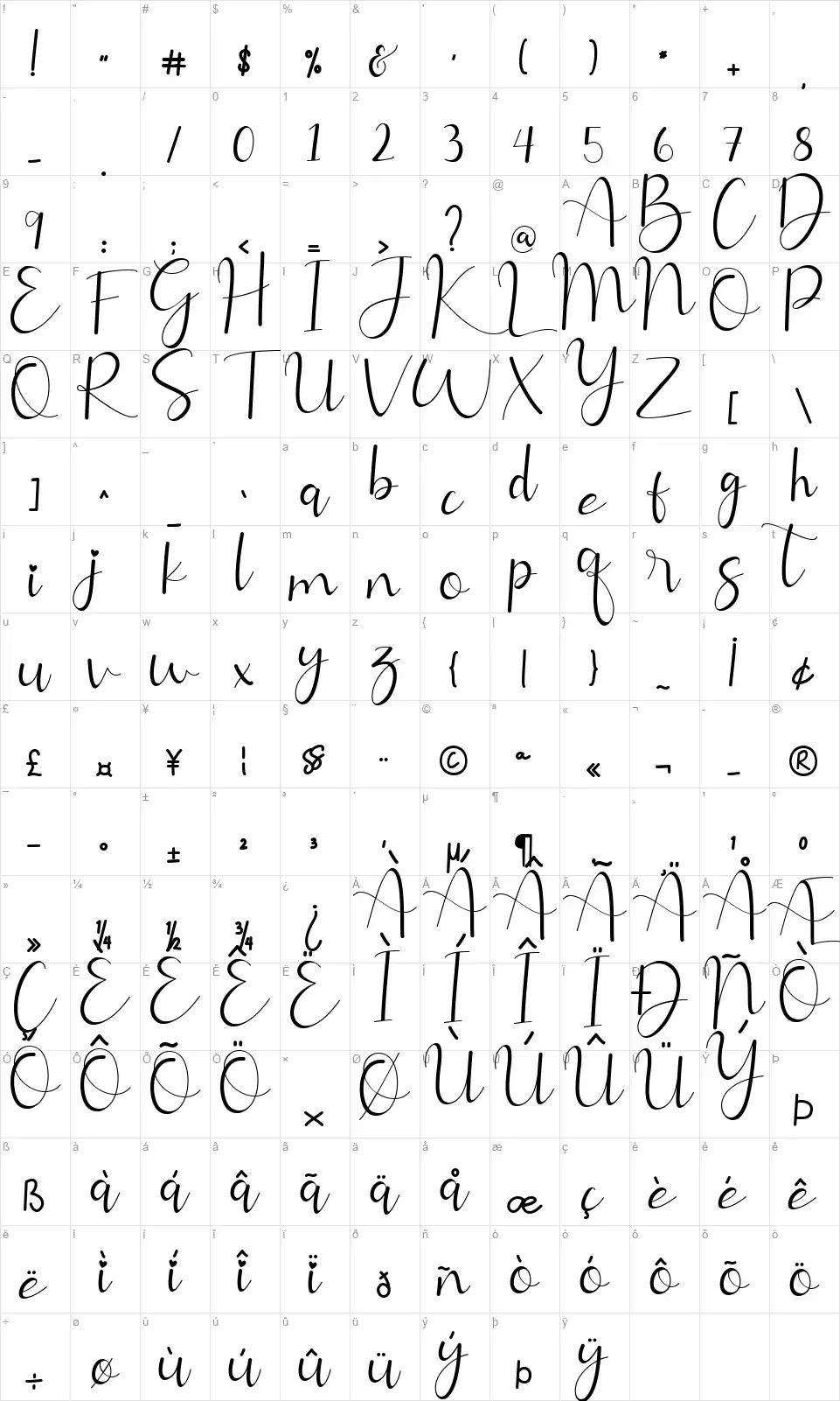 Allitta Calligraphyfont character map