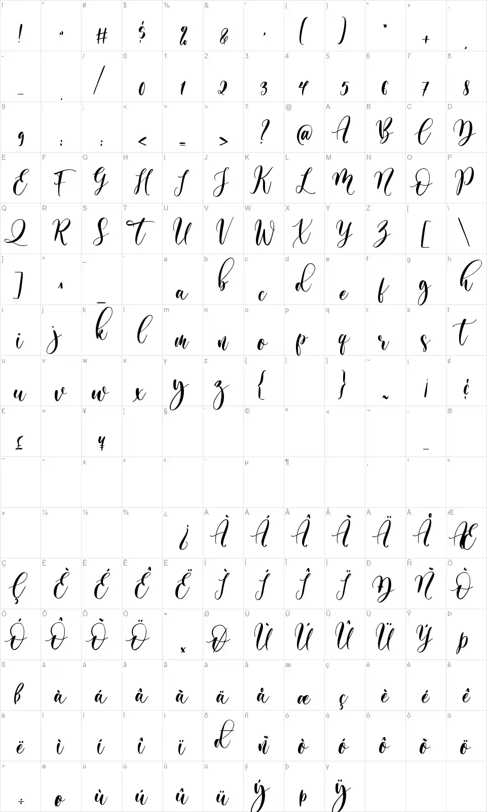 Almond Whispfont character map