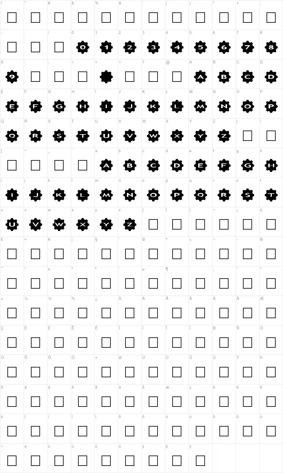 AlphaShapes Gears 3font character map