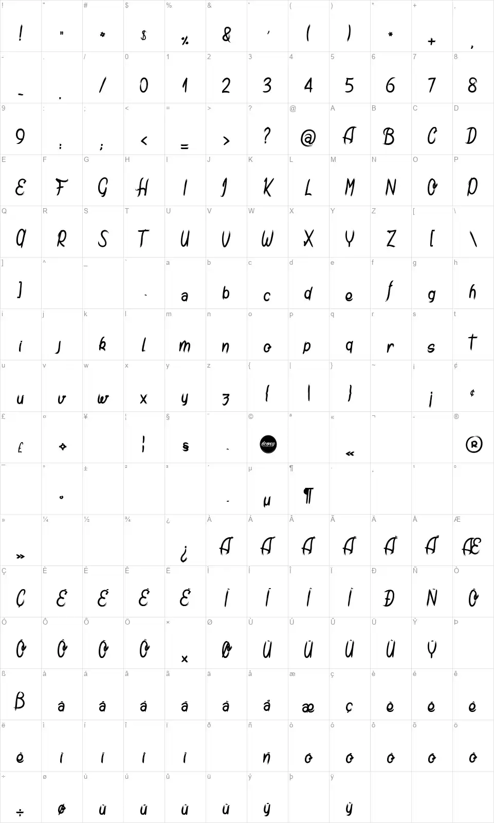 Amtrashfont character map
