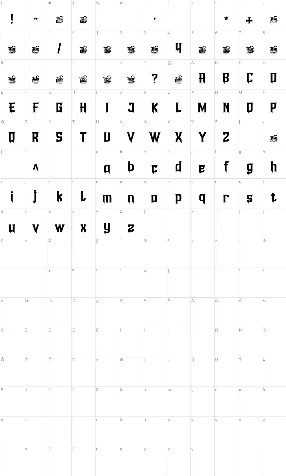 Anehikfont character map