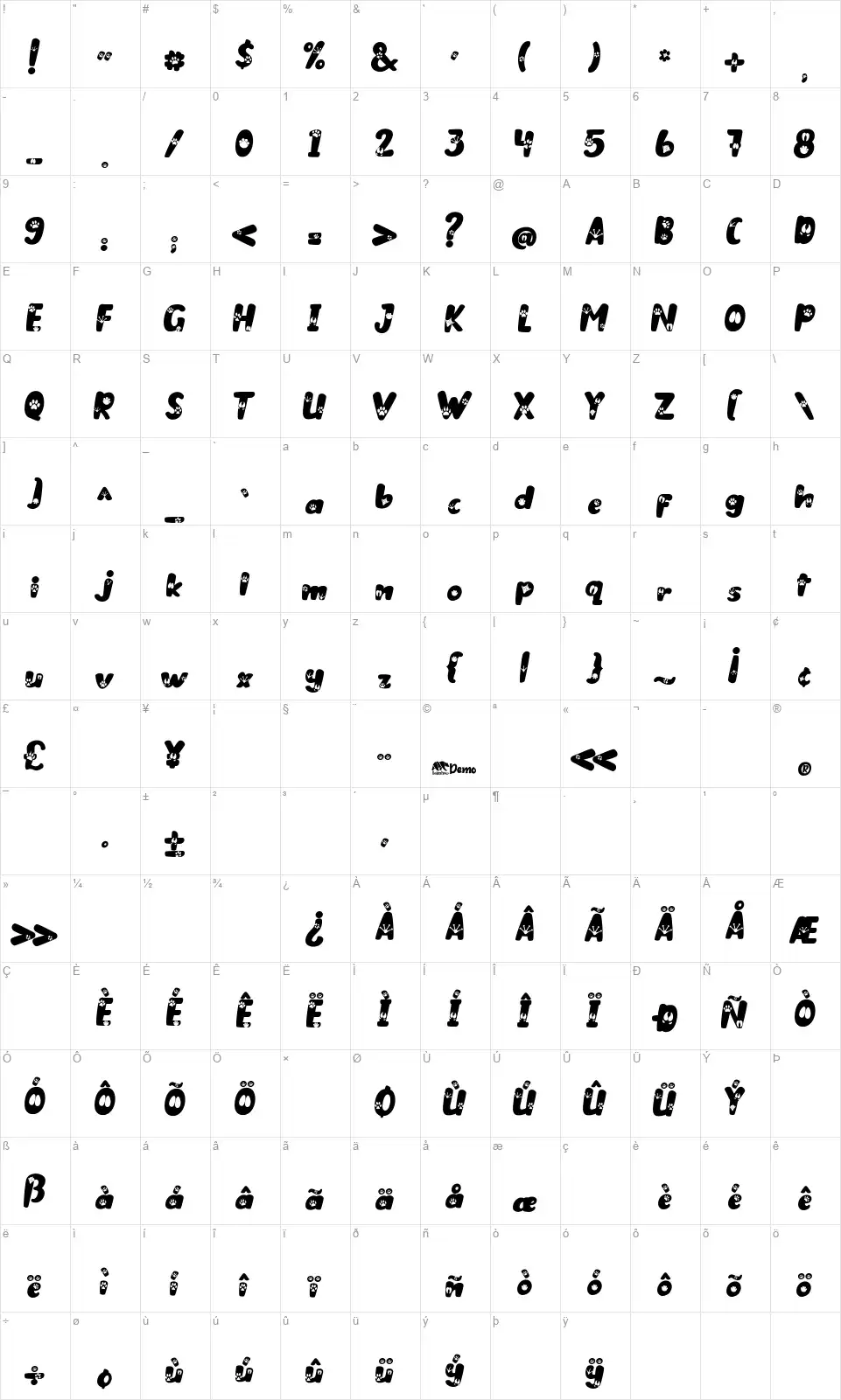Animal Pawsfont character map
