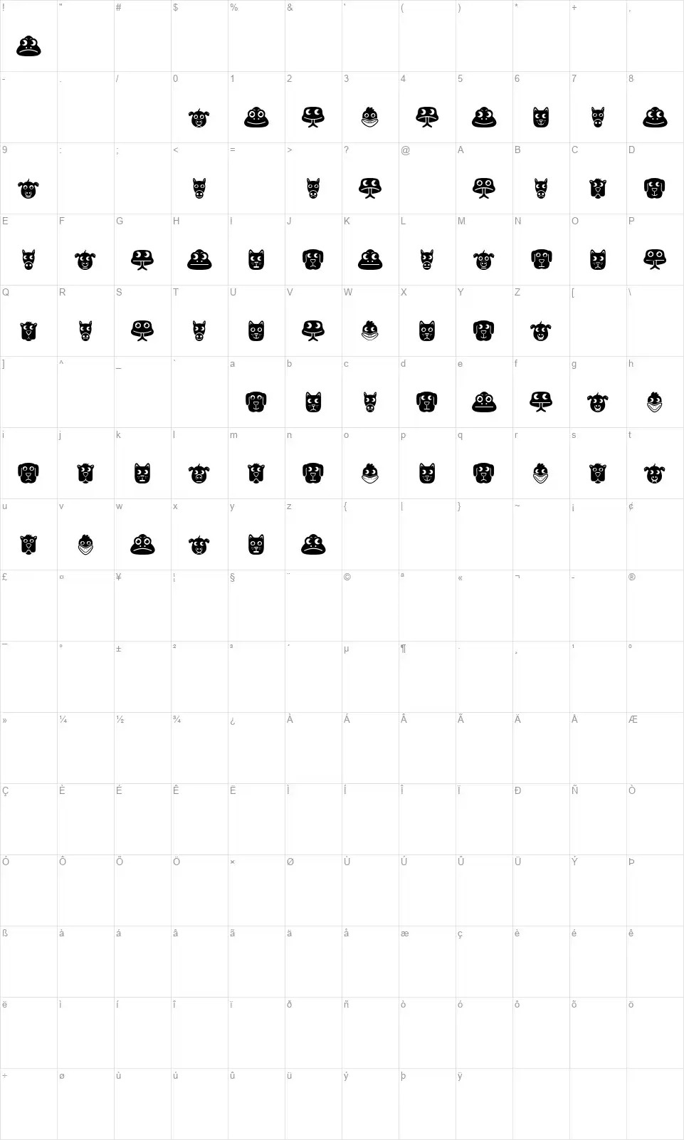 Animalesfont character map