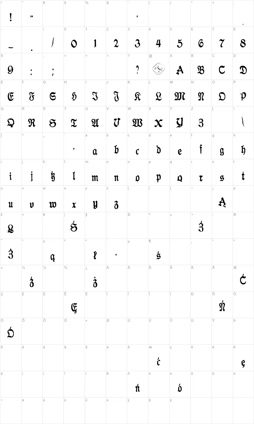 Antraxja Goth 1938font character map