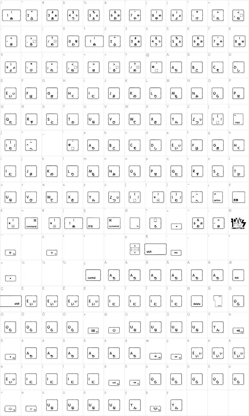 Apple Japanese Keyboardfont character map