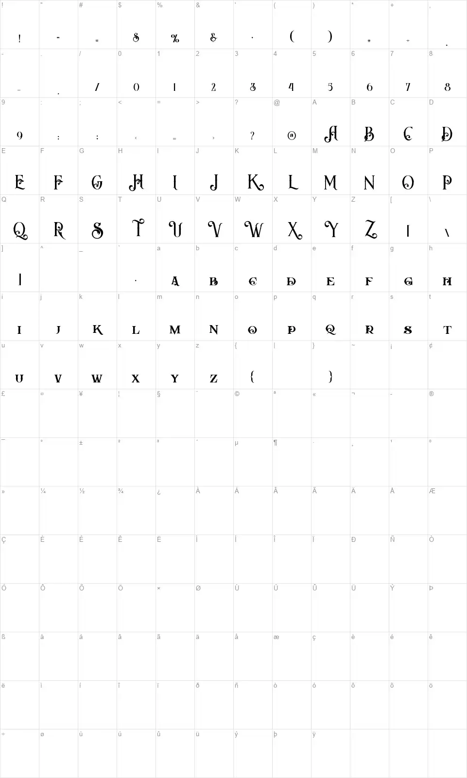 Arbatoshfont character map