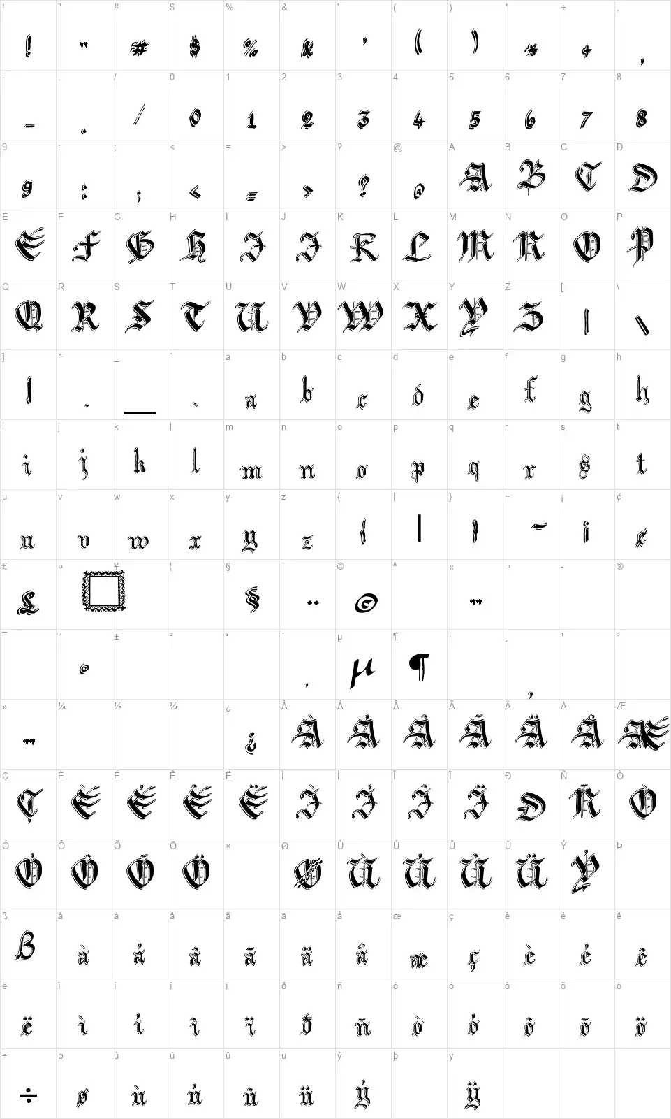 Argor Biw Scaqhfont character map