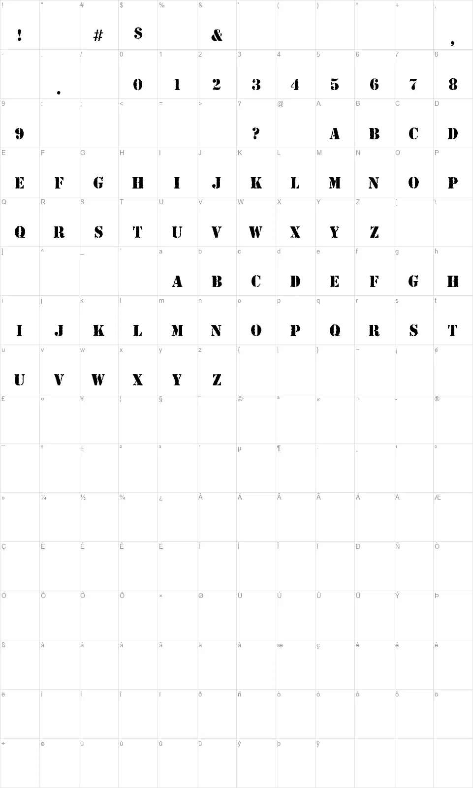 Army Rustfont character map