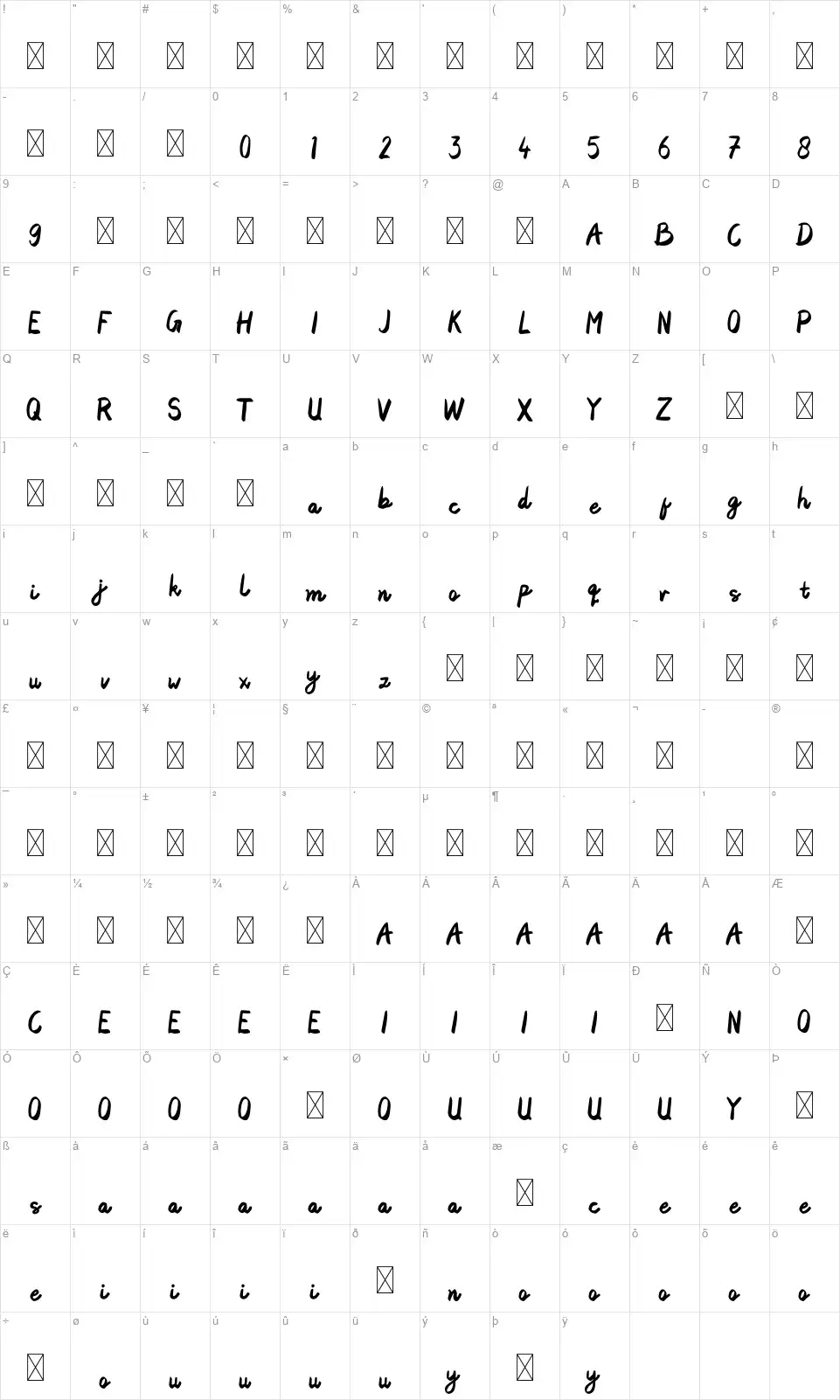 Artdrawsfont character map