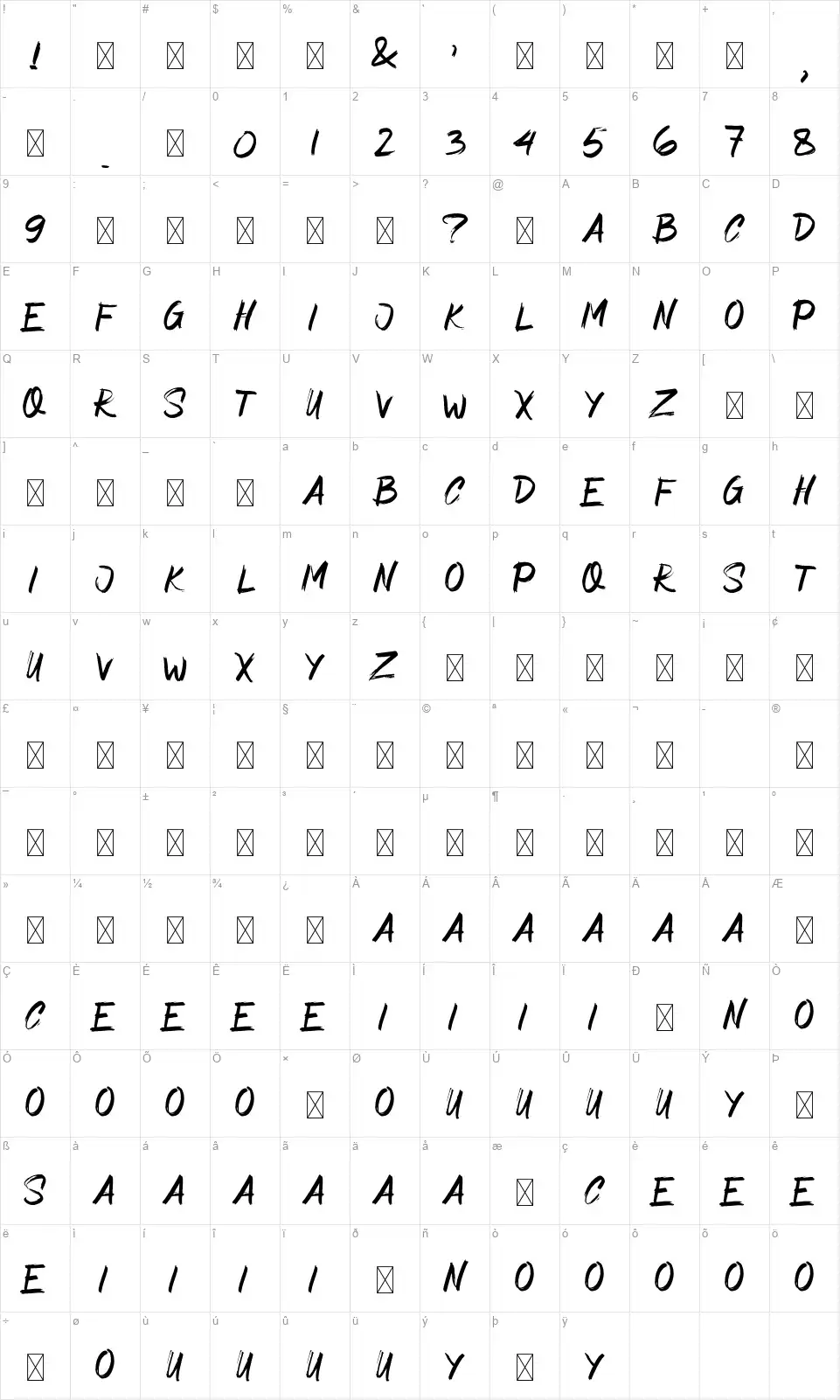 Asimone Brushfont character map