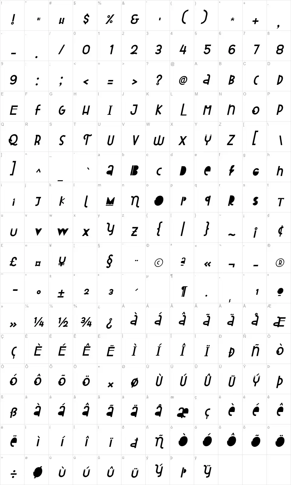 Attracted Mondayfont character map