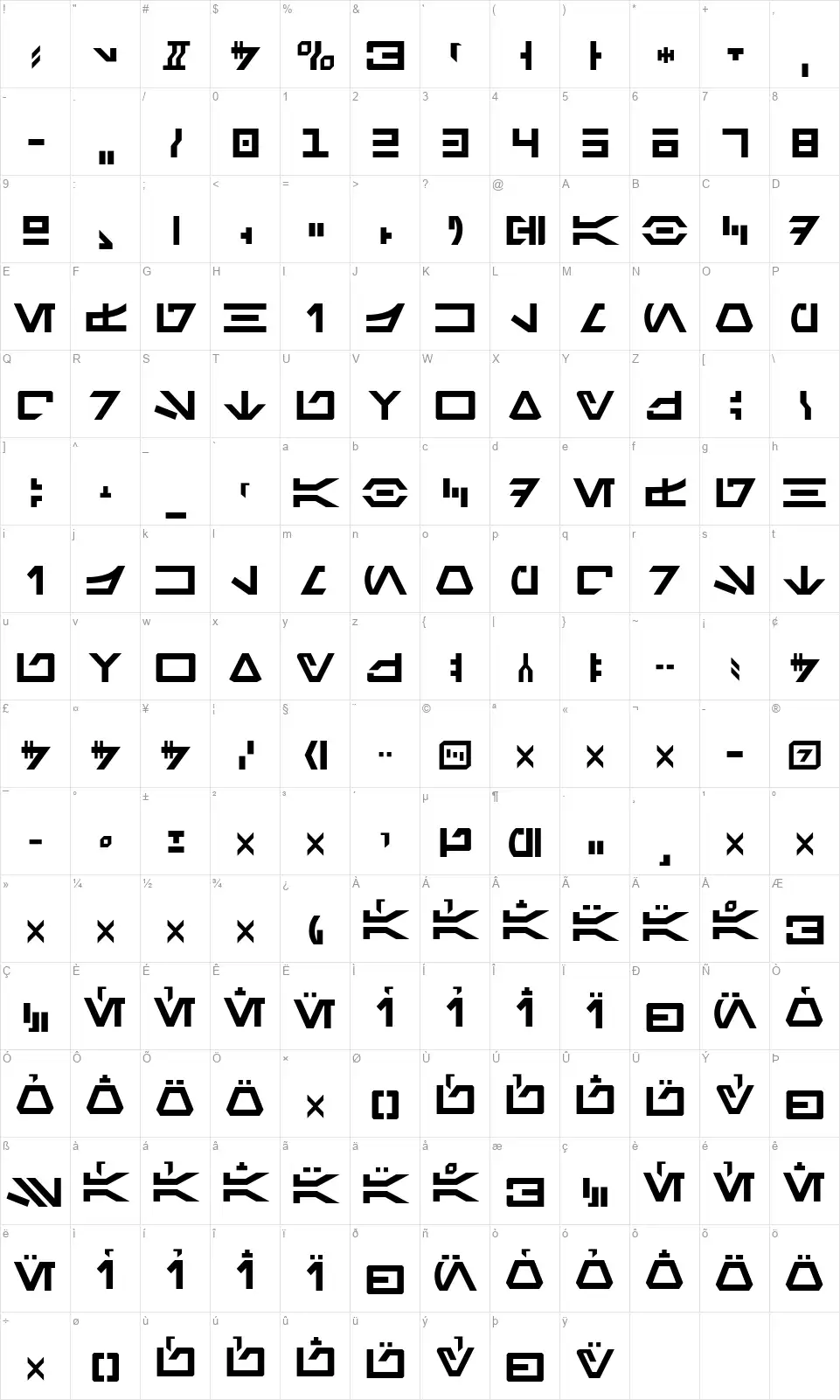Aurebesh AFfont character map