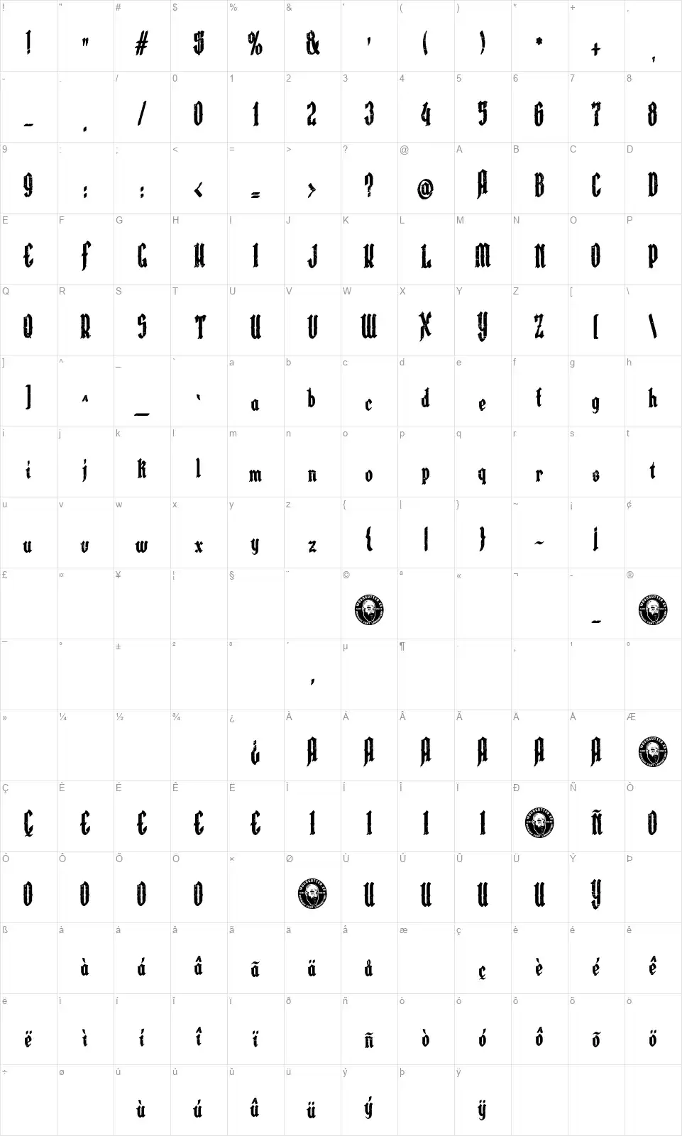 Austrian Castlefont character map
