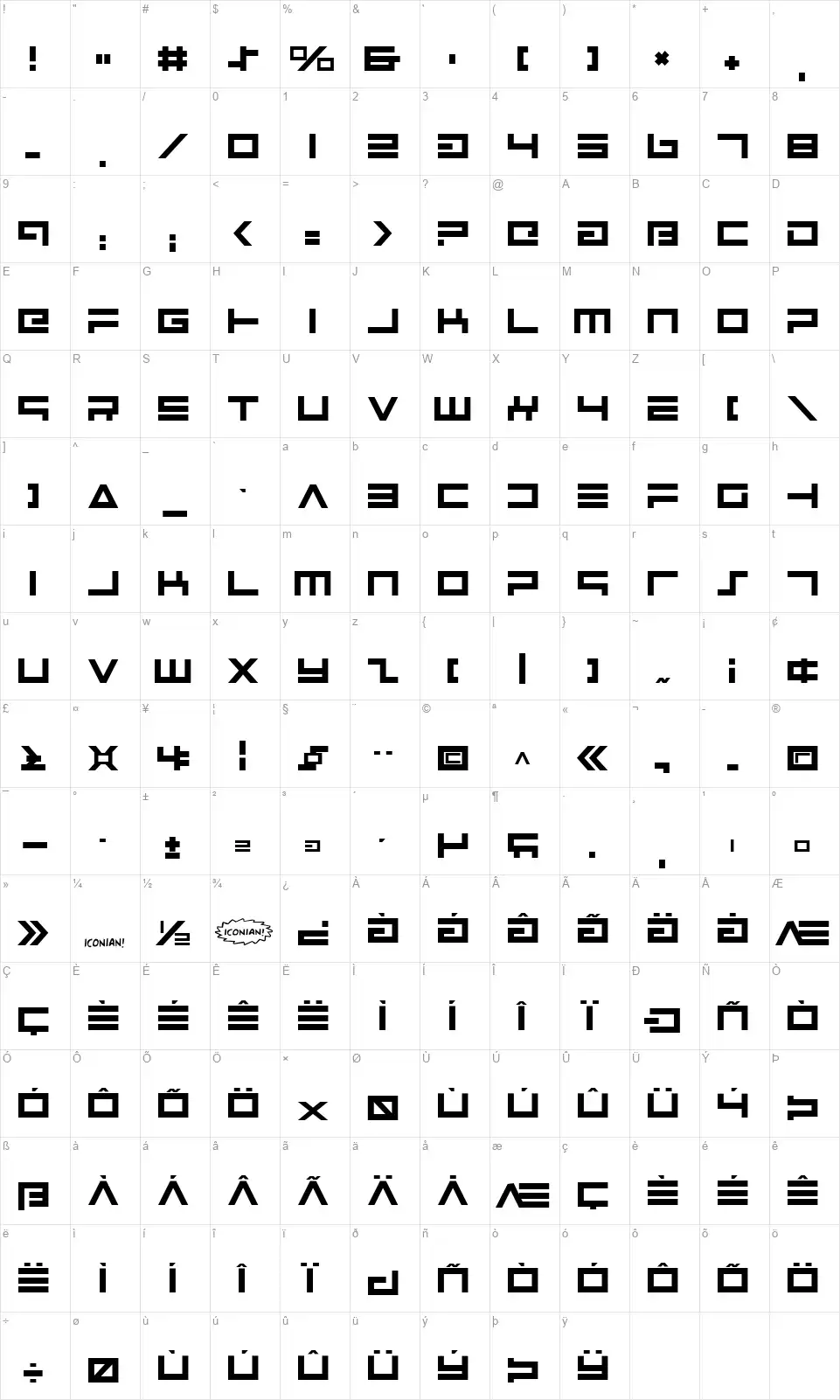 Avengerfont character map