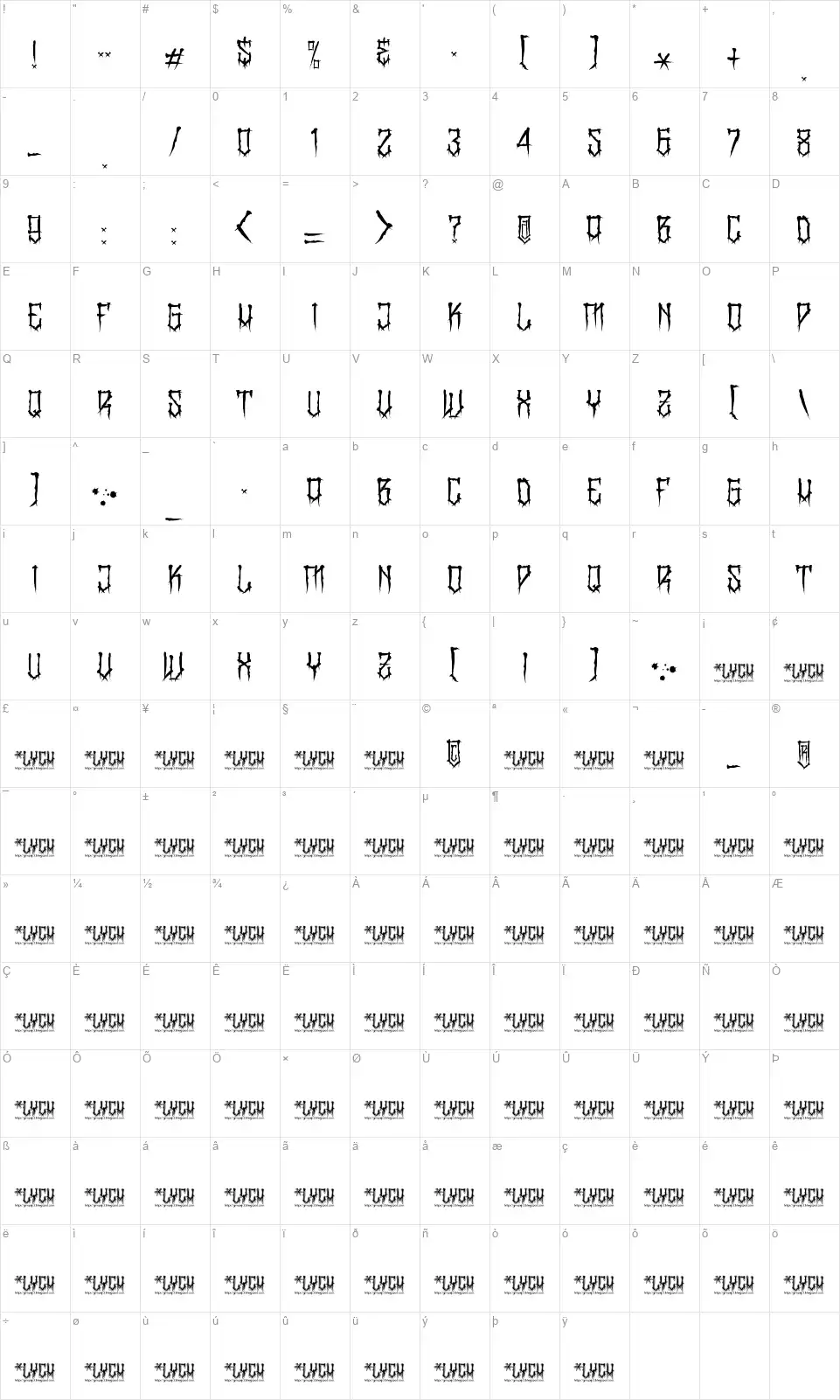 BangLYCH - Revenge Horrorfont character map