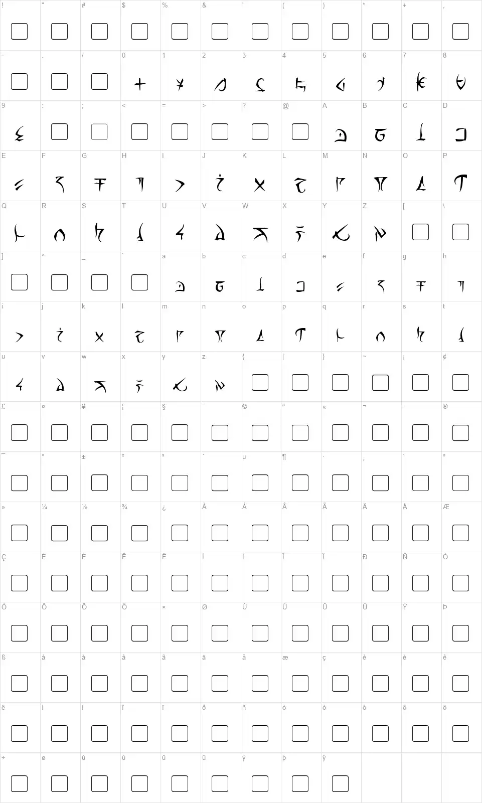 Barazhadfont character map