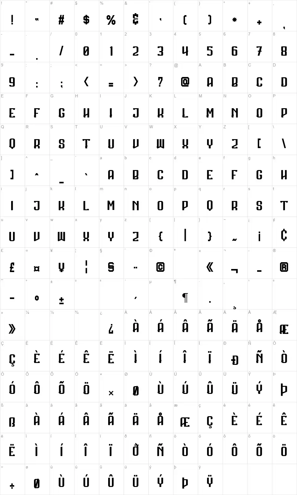 Barbarfont character map