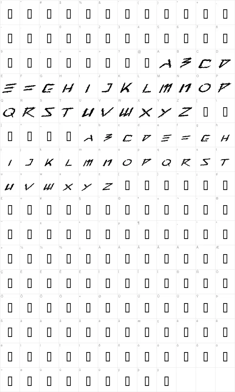 Barbed Typefont character map