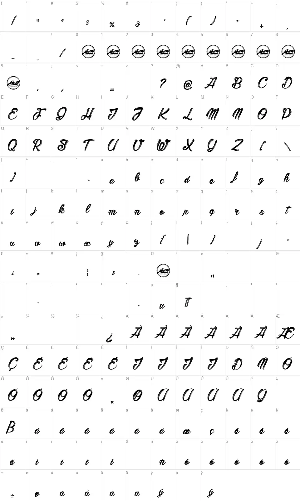 Barber Streetfont character map