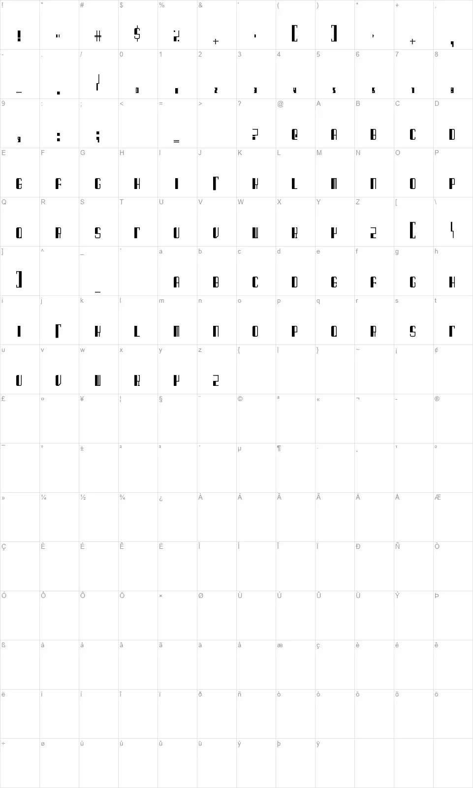 Barcode Deco!font character map