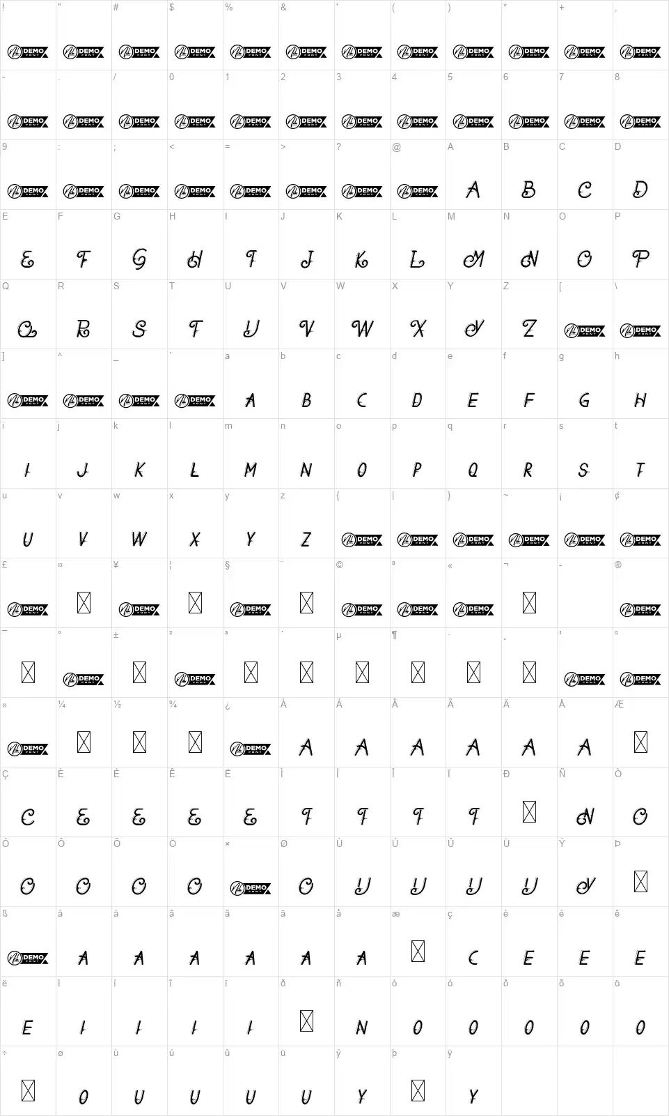 Barhetofont character map