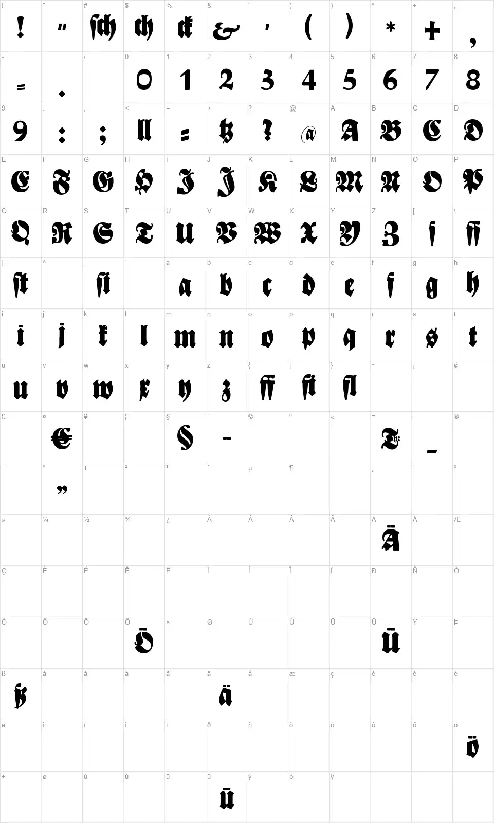 Bayreuthfont character map
