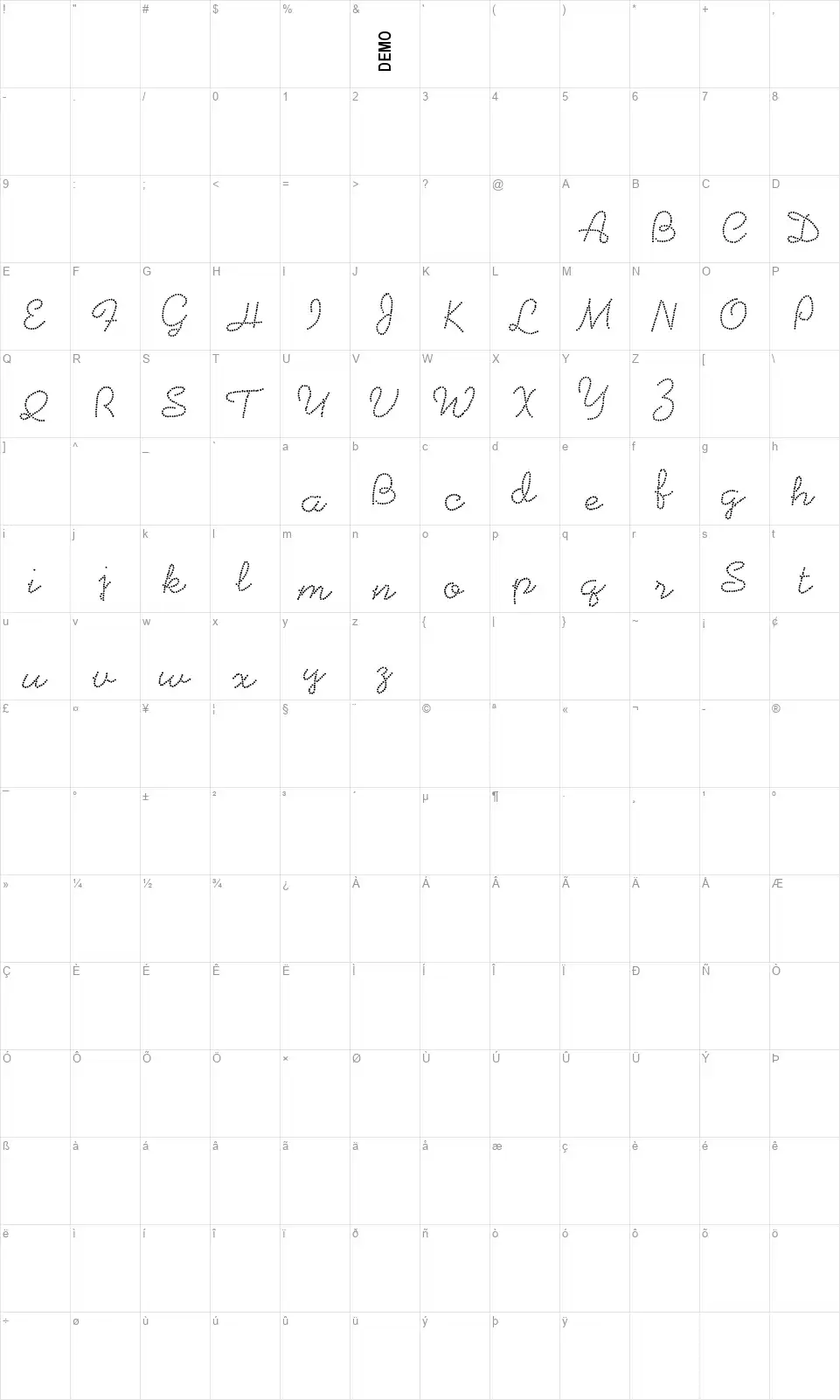Beadworkfont character map