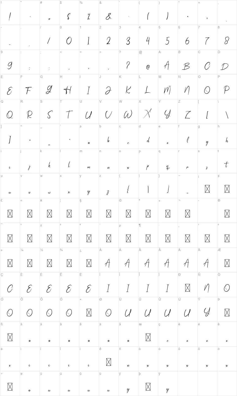 Beautiful Lentteringfont character map