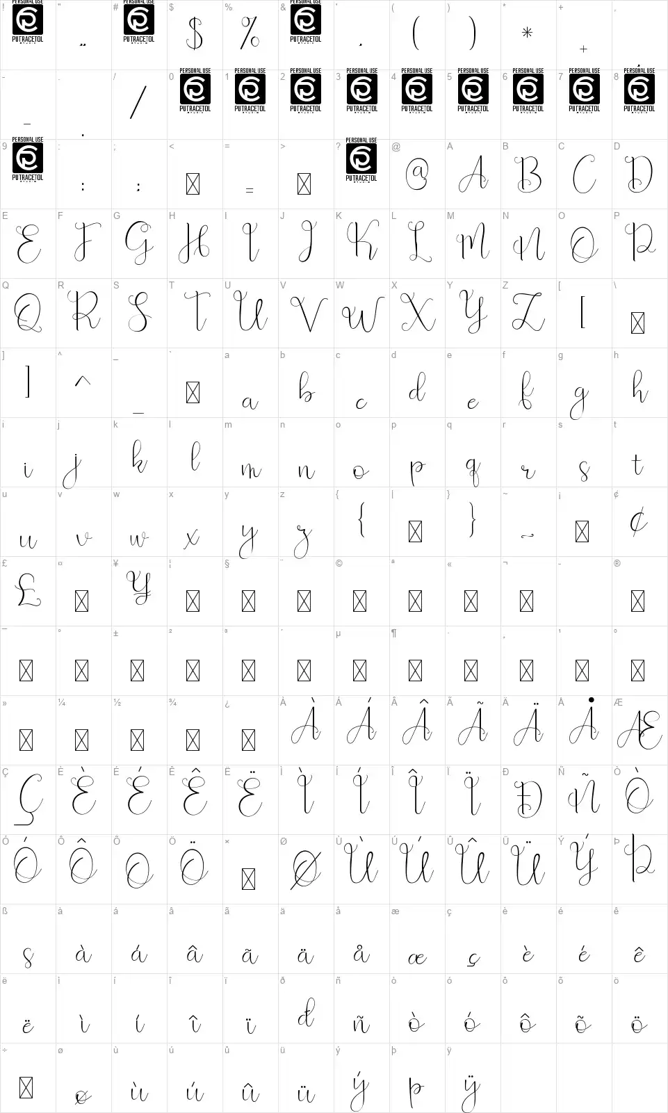 Beauty And Lovefont character map