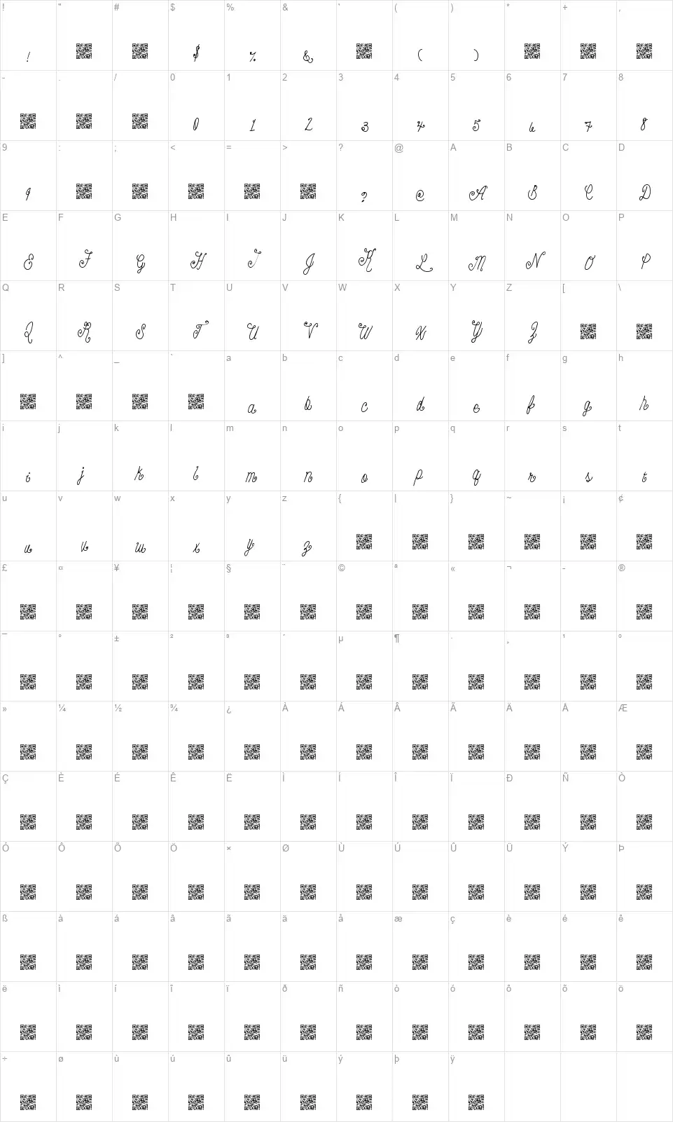 Beauty Scriptfont character map