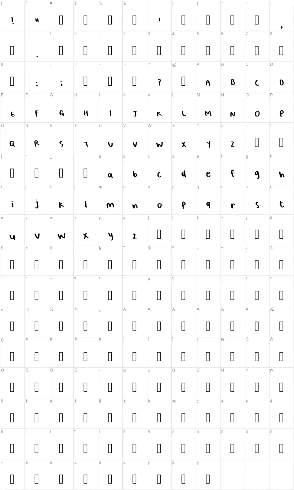 Bellas Handwritingfont character map