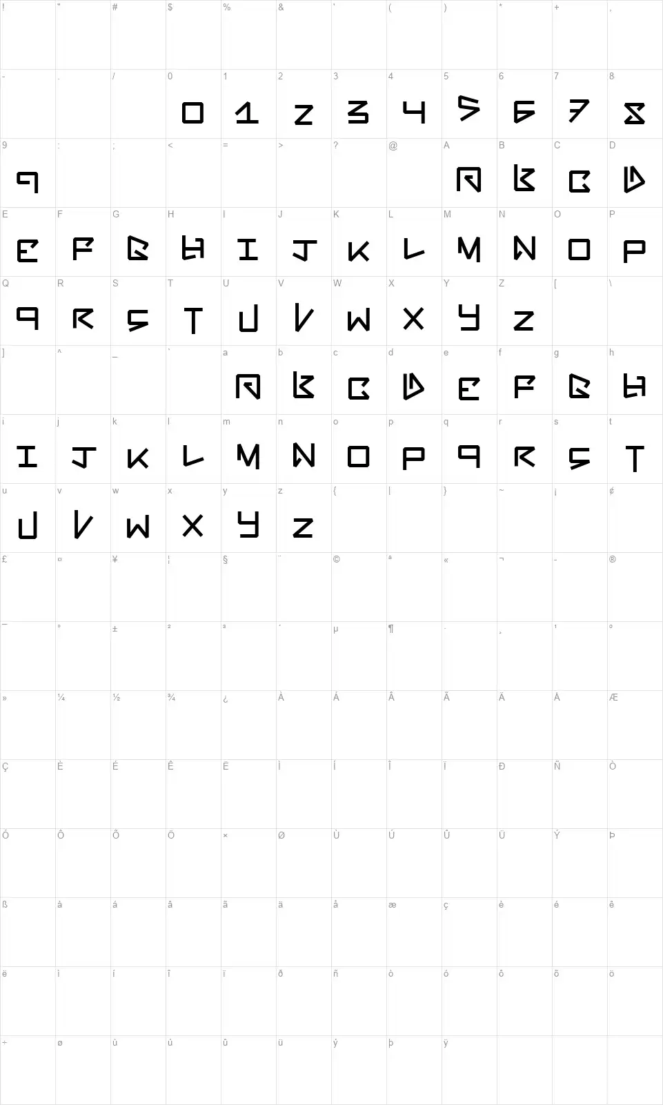 Bent Outfont character map