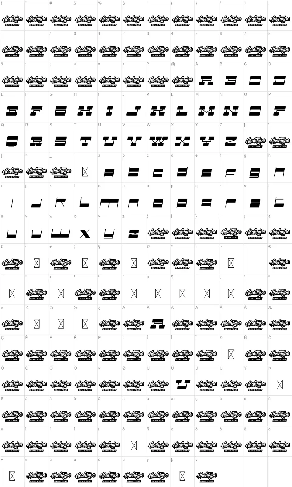 Better Retrofont character map