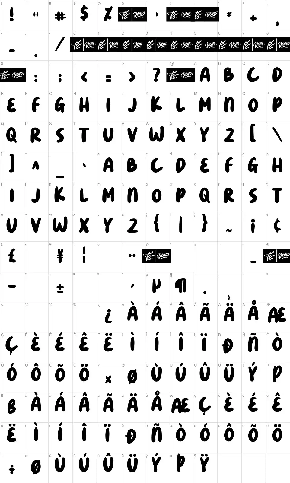 Bholufont character map