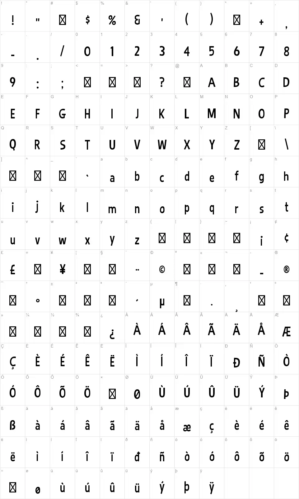 Bimbo JVEfont character map