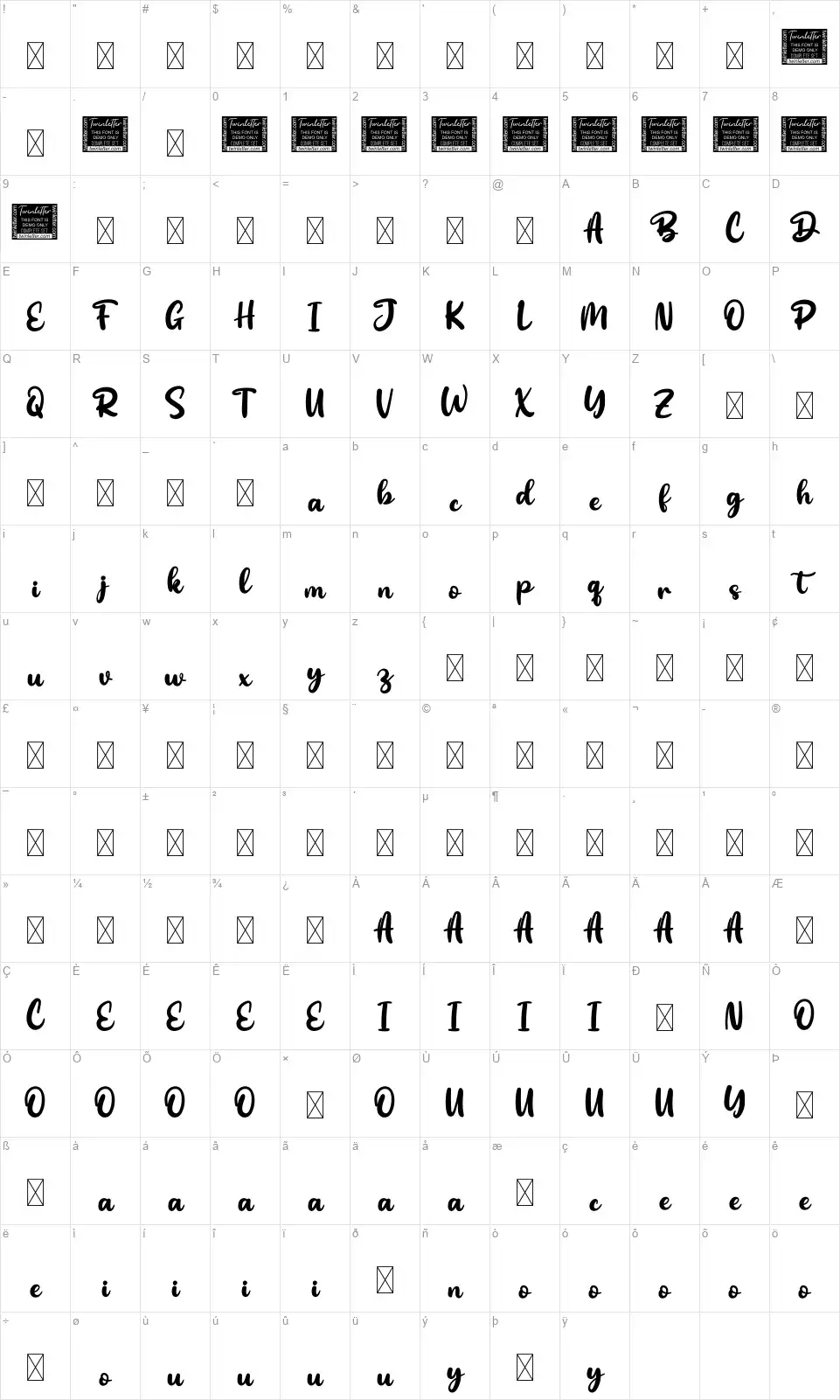Bintankfont character map