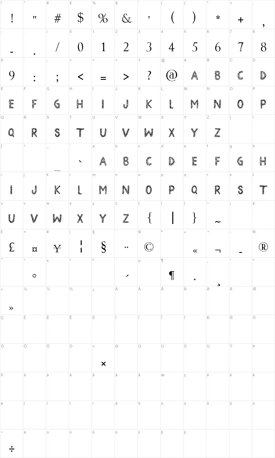 Black Eye Peasfont character map