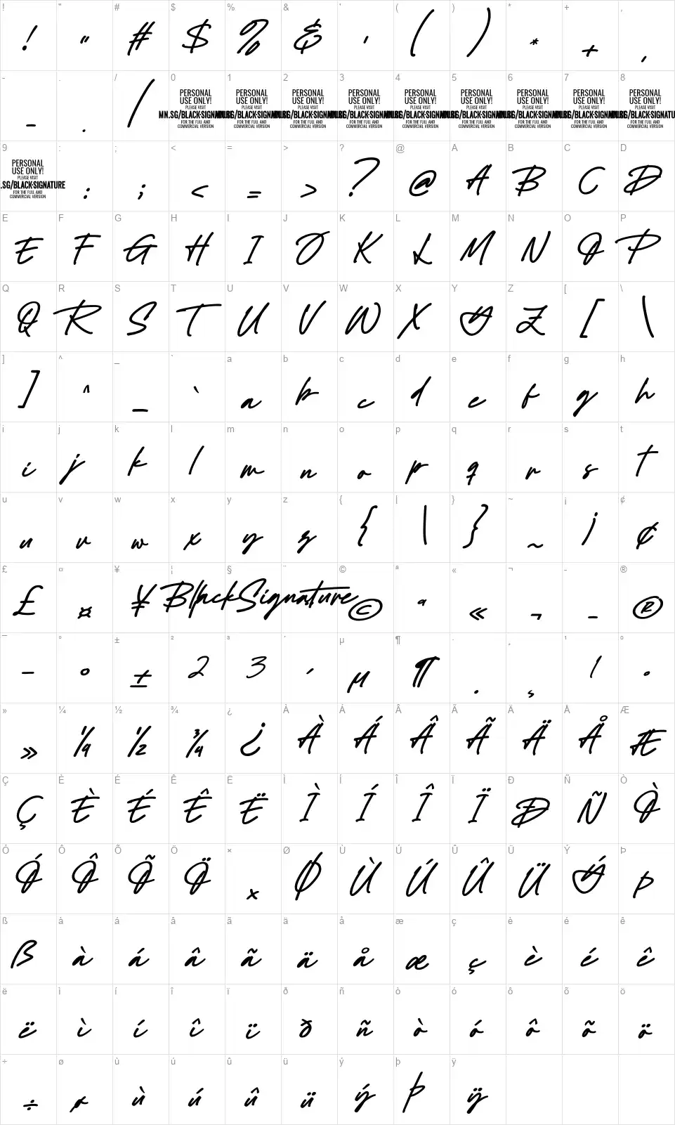 Black Signaturefont character map
