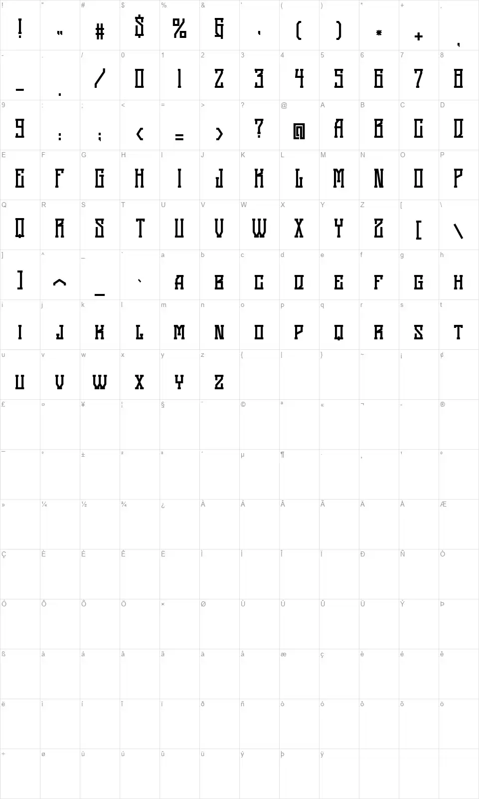 Black Squadfont character map